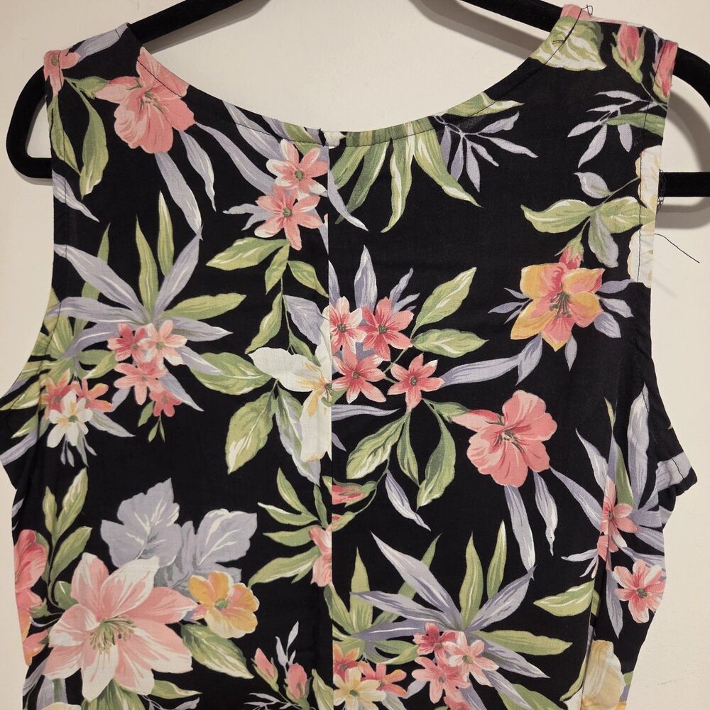 Vintage Floral Shift Dress L Black Sleeveless Midi Rayon Woven Pullover Tropical - Picture 7 of 8